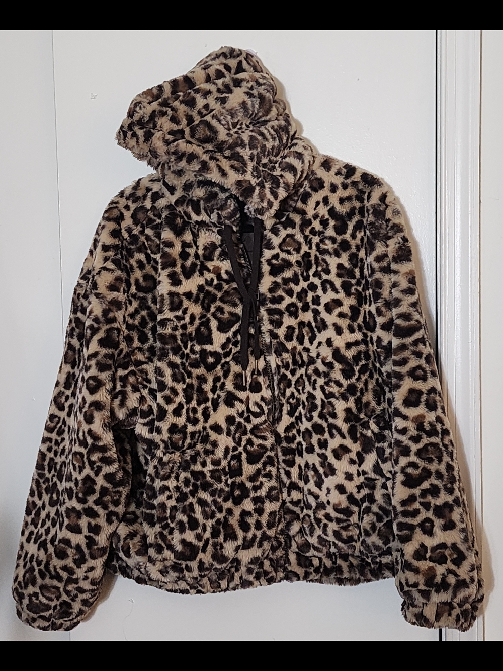 Time and Tru Leopard Faux Fur Hooded Jacket - Taupe and Black